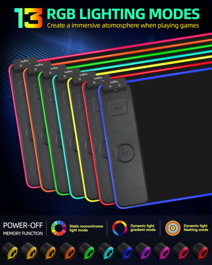Wireless Charging Mouse Pad, RGB Gaming Mousepad, 31.5"x15.7" Extra Large Desk Pad, 13 Light Modes, Ultra-Smooth Surface, Non-Slip Base, Waterproof Computer Keyboard Mat for MacBook, PC, Laptop, Black