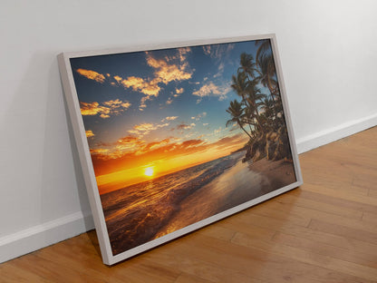 Beach Art Wall Decor Coral Beach Sand Sea Palapa Tropical Palm Tree Photo Sunset Landscape Pictures Ocean Scenic Scenery Nature Photography Paradise Cool Wall Art Print Poster 36x24