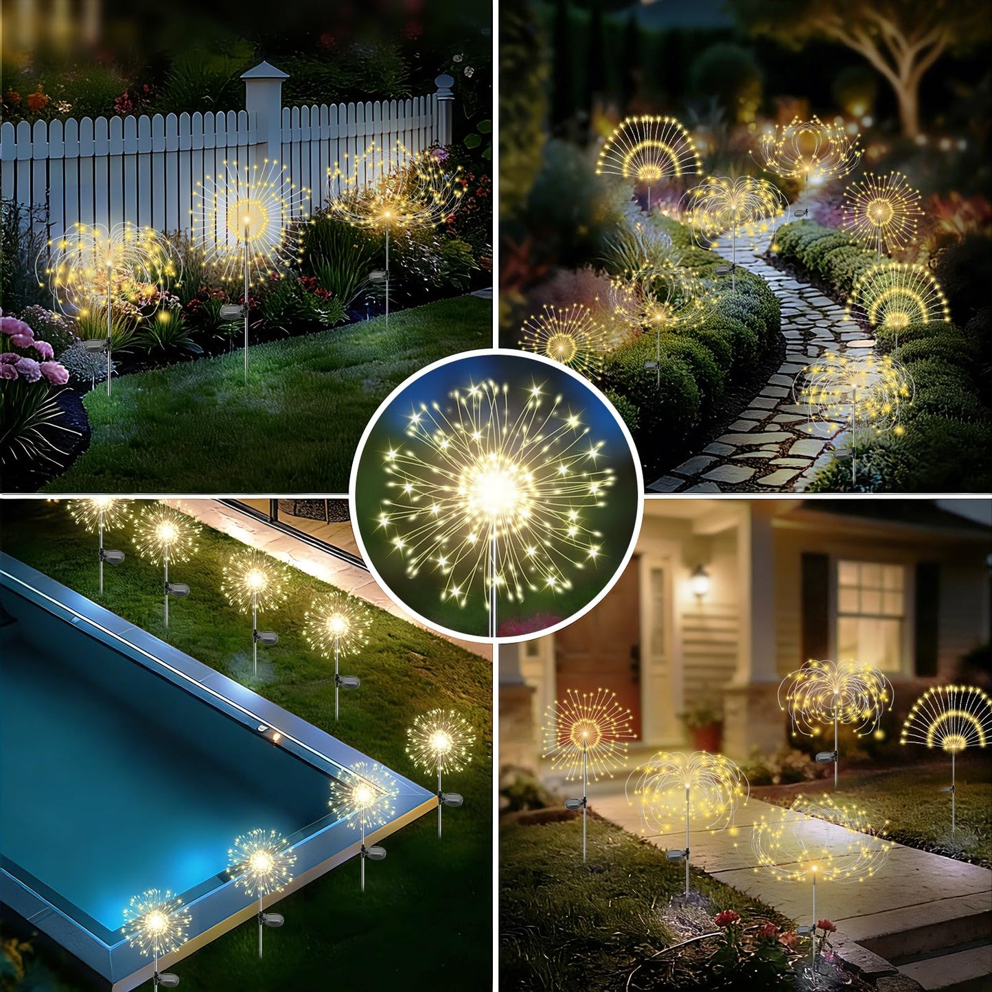 Soomit Solar Garden Lights Outdoor, 2 Pack 120 LED Twinkling Firework Lights Decorative with 2 Modes, Outdoor Waterproof Solar Starburst Light for Yard Pathway Planter Patio Decor, Warm White