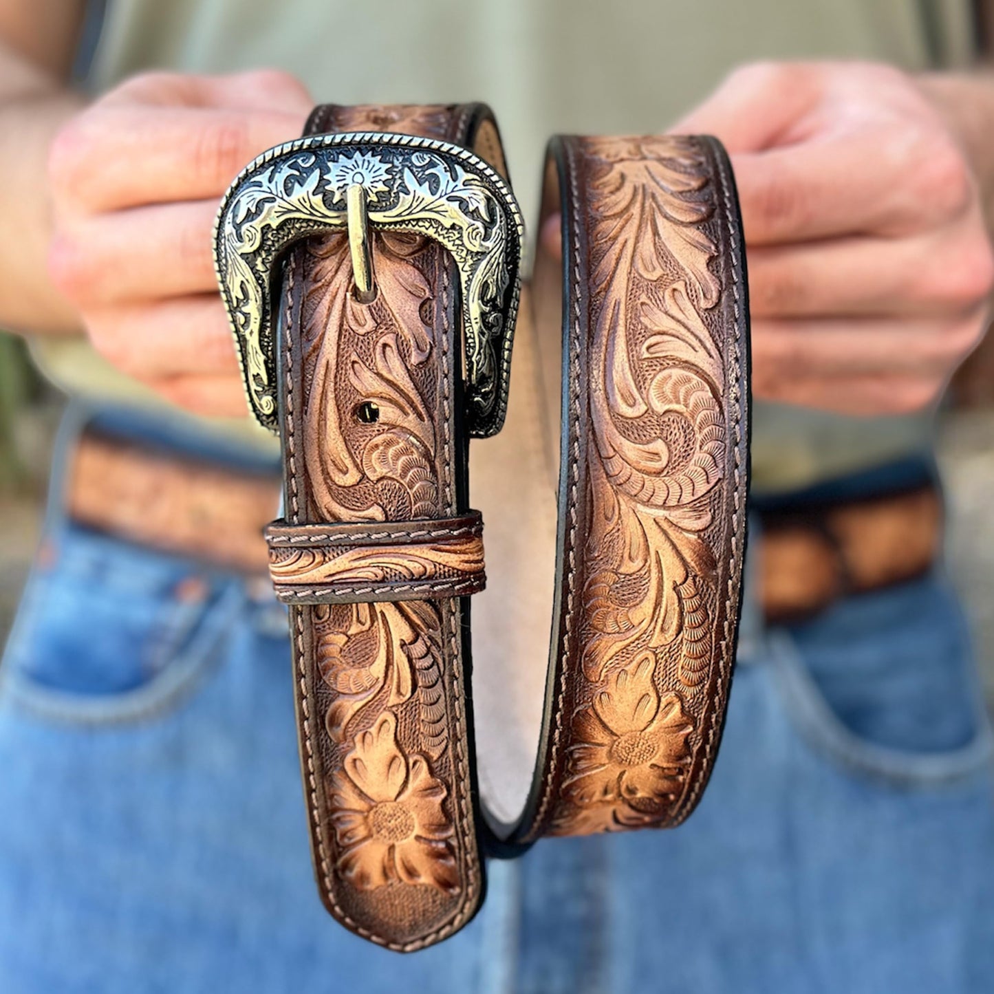 DANIEL'S ARTPLANET Western Belt for Men Full Grain One Piece Leather Belt Tooled Handmade with Buckle Engraved 1.5” Wide (34)