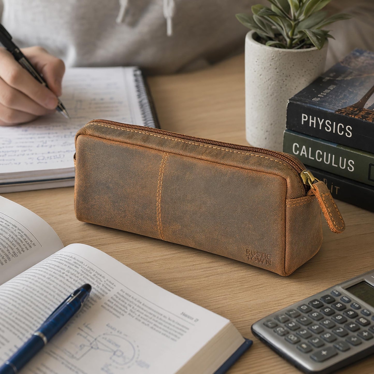 RUSTIC TOWN Leather Pencil Case for Men & Women – Full Grain Leather Pen Pouch with Zipper, Handcrafted Pencil Pouch Organizer for Office, School & Travel