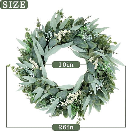 26" Eucalyptus Wreaths Large Artificial Greenery Outdoor/Indoor Wreath Spring/Summer Wreath Green Wreaths for Front Door Porch Window Wall Hanging Decor All Year Round Wr-eath（Green）