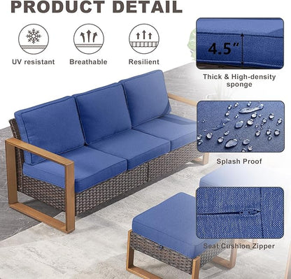 Rilyson Outdoor Couch Wicker Patio Sofa, Rattan Patio Furniture Sofa with Sturdy Frame,All-Weather PE Wicker,Wide Armrest,Deep Seating and Thick Cushions for Deck Porch Garden(Brown/Blue)