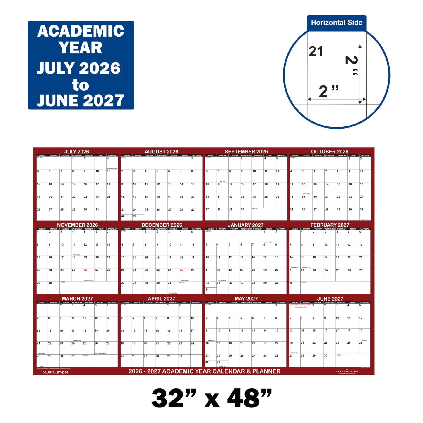 32" x 48" SwiftGlimpse 2026-2027 Academic Wall Calendar Dry Erase Erasable, XLarge, Wet & Dry Erase Laminated, Yearly Planner, JULY 2026 to JUNE 2027 ONLY