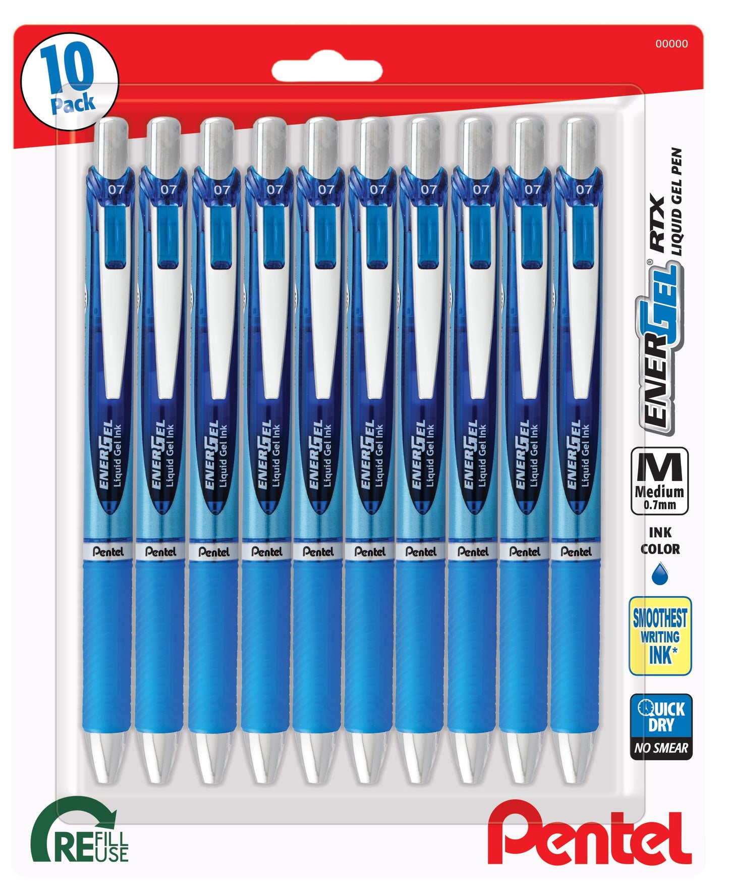 Pentel EnerGel RTX Retractable Premium Liquid Gel Pen, (0.7mm) Needle Tip, Ultra Smooth, Medium Line, Blue Ink 10 Pack, BLN77BP10C