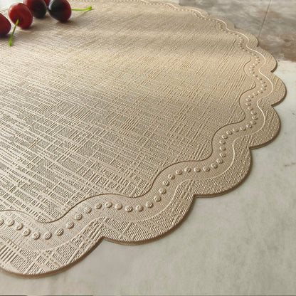 LINSBO Round Placemats Set of 6, 15 Inch Scalloped PU Faux Leather Non-Slip Heat Resistant Table Mats Decor (Light Champagne Gold)
