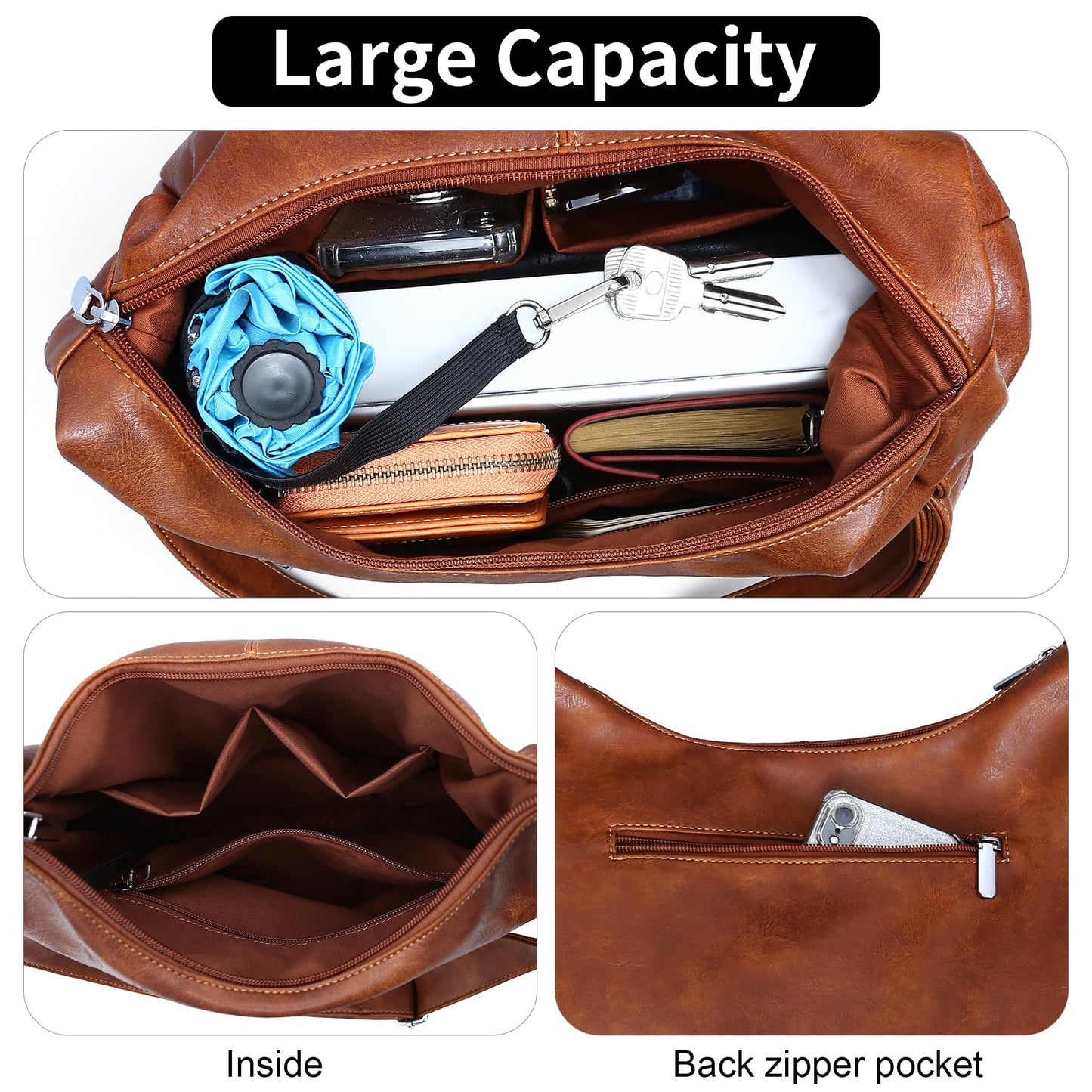 Hobo Bags for Women Vegan Leather Purses Slouchy Shoulder Bag Womens Tote Crossbody Foldable Ladies Handbag Brown
