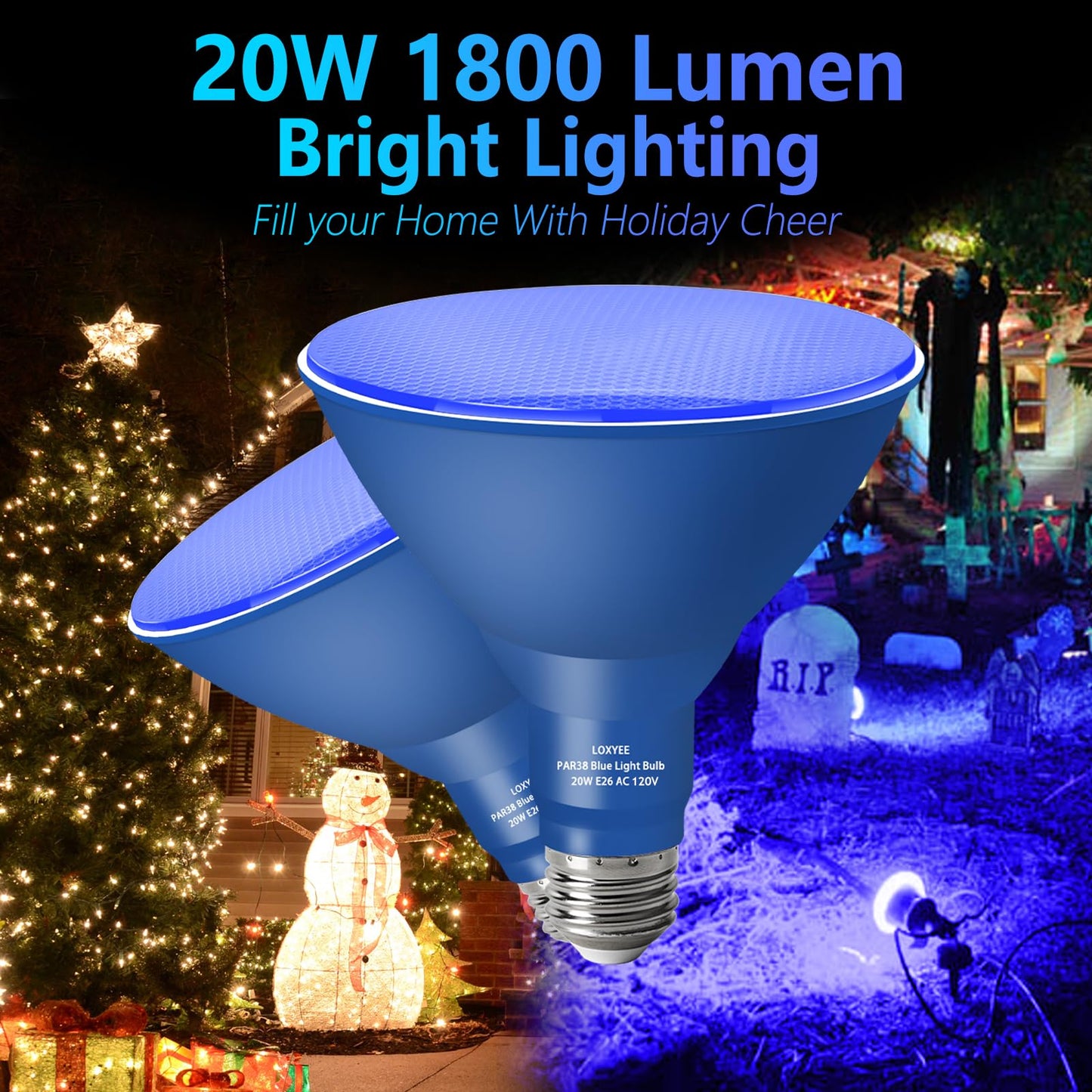 LOXYEE PAR38 Flood Blue Light Bulbs,4 Pack Dimmable,E26 Base Blue Flood Light Outoor(20W Replace to 200W),Halloween Light Bulb for Outside,Christmas,Holiday Lighting