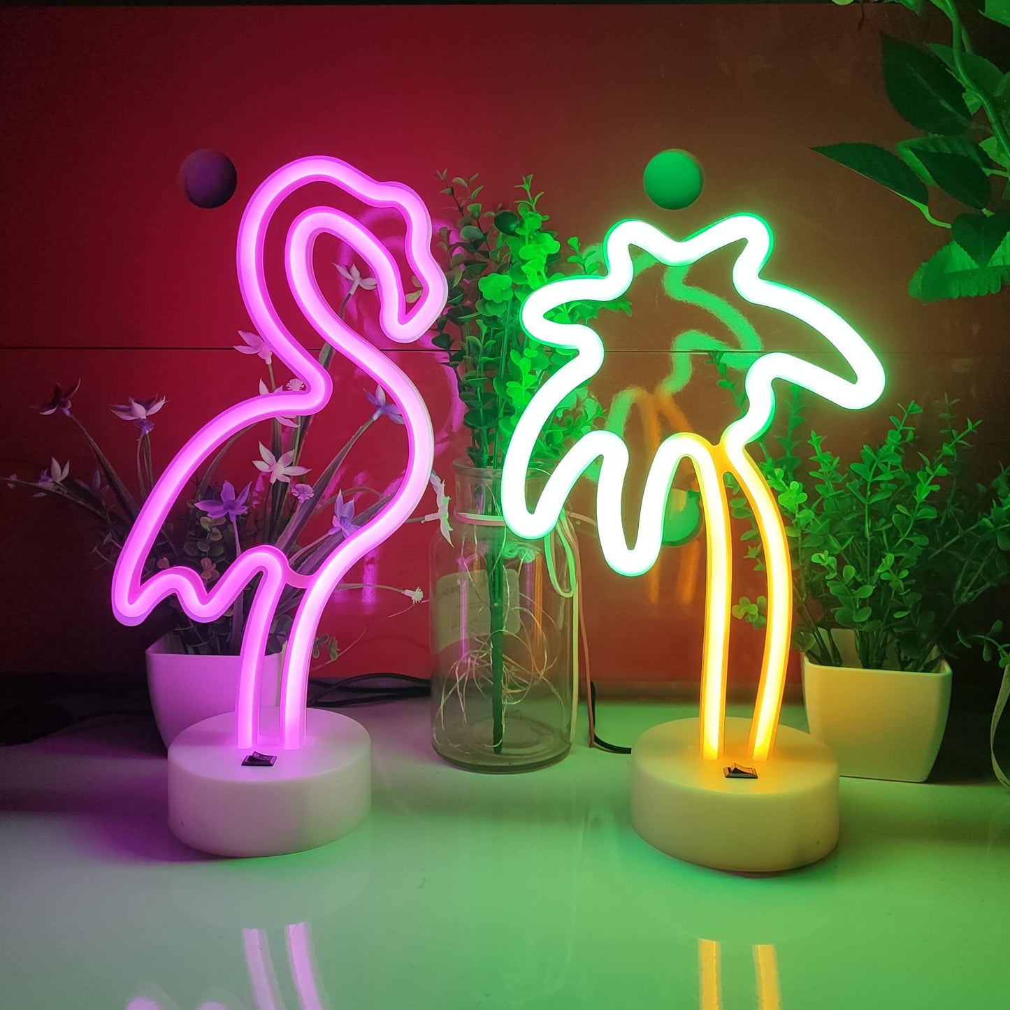 JYWJ Neon Signs with Holder Base,USB or 3-AA Battery Powered Neon Light,LED Desktop Wall Decoration,Various Parties,Decoration of Business Premises(Coconut Palm Tree)