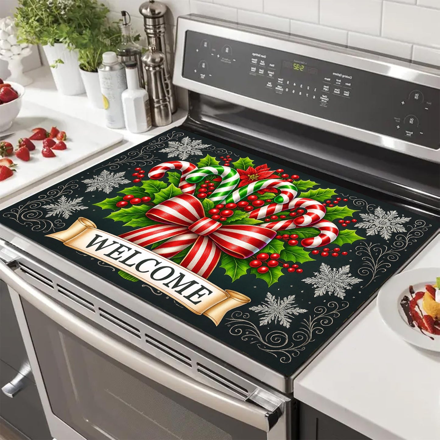 HOMETITUTE Stove Top Covers for Electric Stove 28x20 Inch Christmas Candy Cane Welcome Cooktop Protector Heat Resistant Counter Cover Dish Drying Mat for Kitchen RV Camper