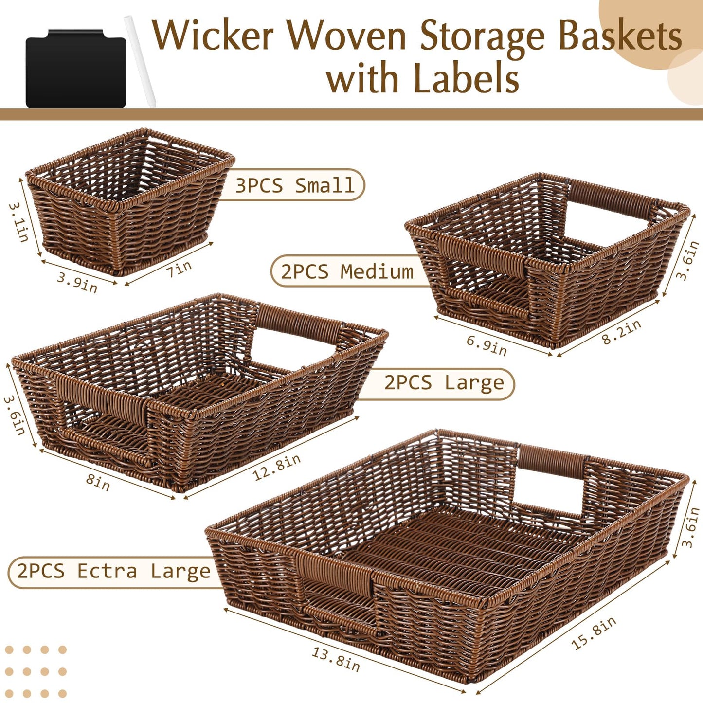 Marsui 9 Pcs Wicker Storage Baskets for Pantry Organization with Handle Labels Handwoven Multi-size Dark Brown Small Organizer Baskets Storage Bin Container for Shelves Closet Toilet Christmas Holiday