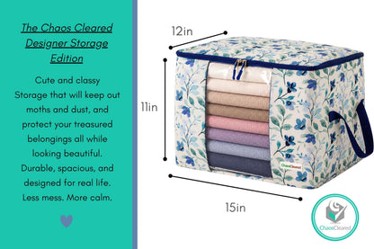 Chaos Cleared Canvas Storage Bags Designer Organizer 2 Pack – Seasonal Storage for Sweaters, Blankets, Linens & Garments – Foldable Design with Zip & Window (Blue Floral Print)