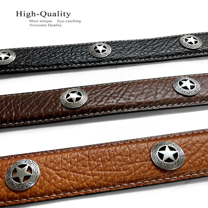 Silver Engraved Ranger Star Concho Genuine Leather Western Ranger Belt (Black, 42)
