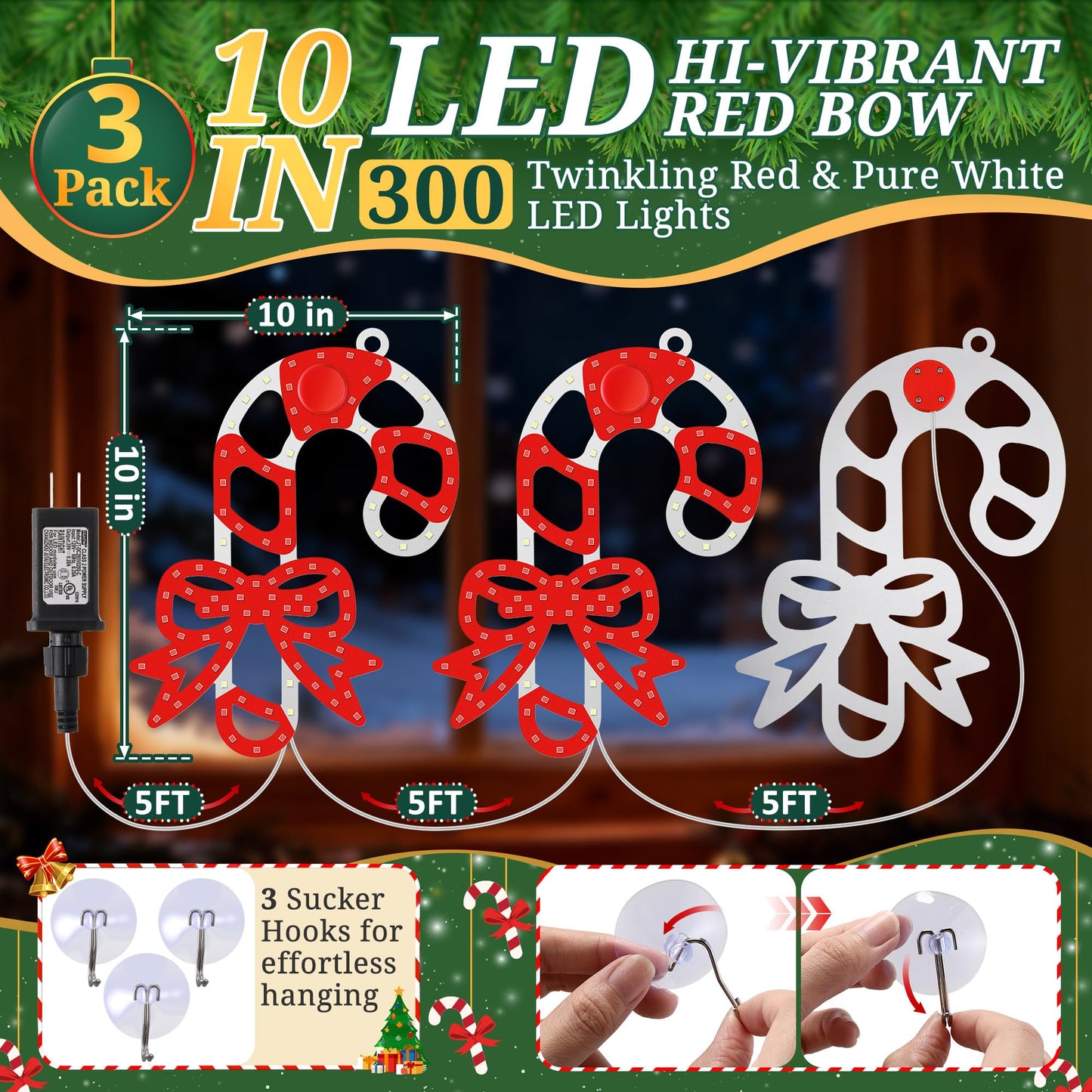 HappyAlley 3 Pack Christmas Window Decorations, 10 in. 300 LED Hi Vibrant Twinkling Lighted Candy Cane Window Light with Bows, Waterproof Outdoor Red and White Candy Cane Decorations for Walls, Porch