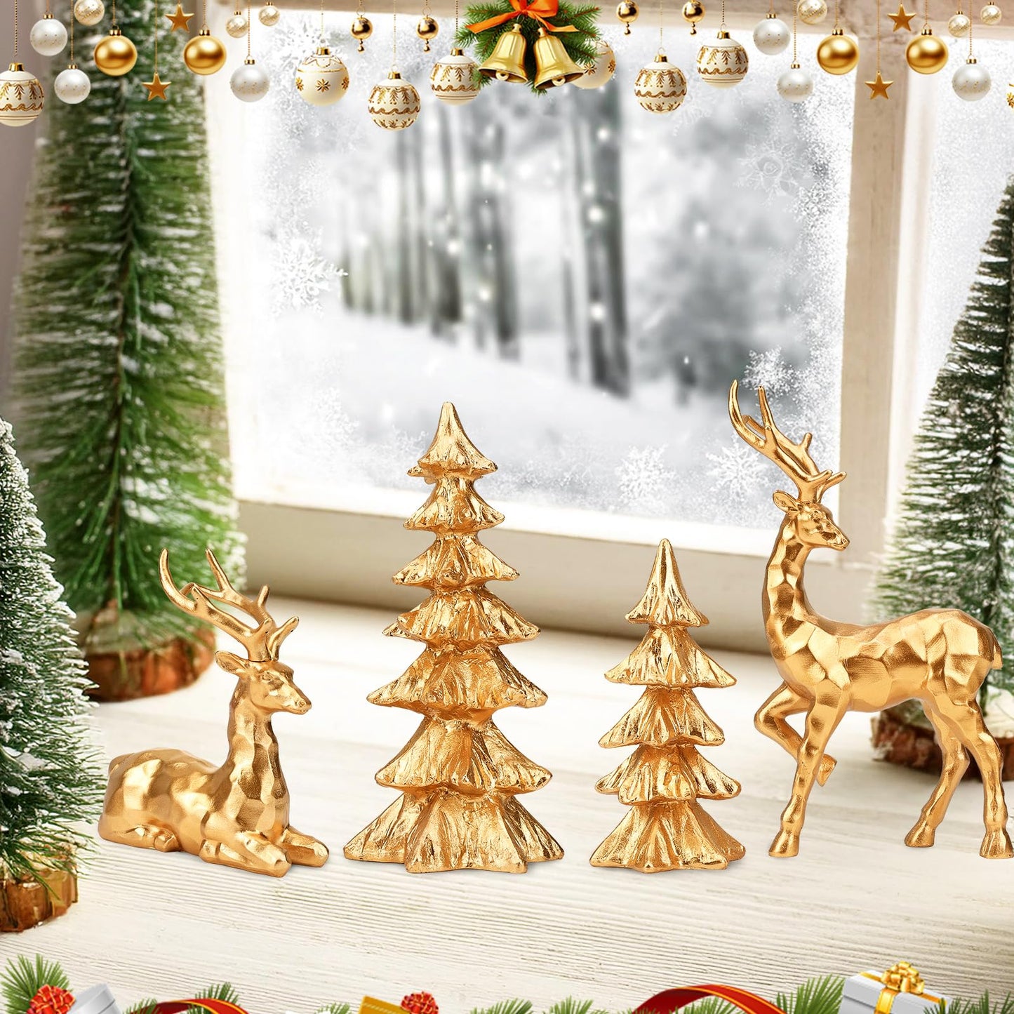 2 Pcs Christmas Tree Figurines and 2 Pcs Christmas Reindeer Figurines, Gold Tabletop Christmas Decorations Resin Christmas Tree and Elk Statues for Table Centerpieces Desk Shelf Fireplace Decor