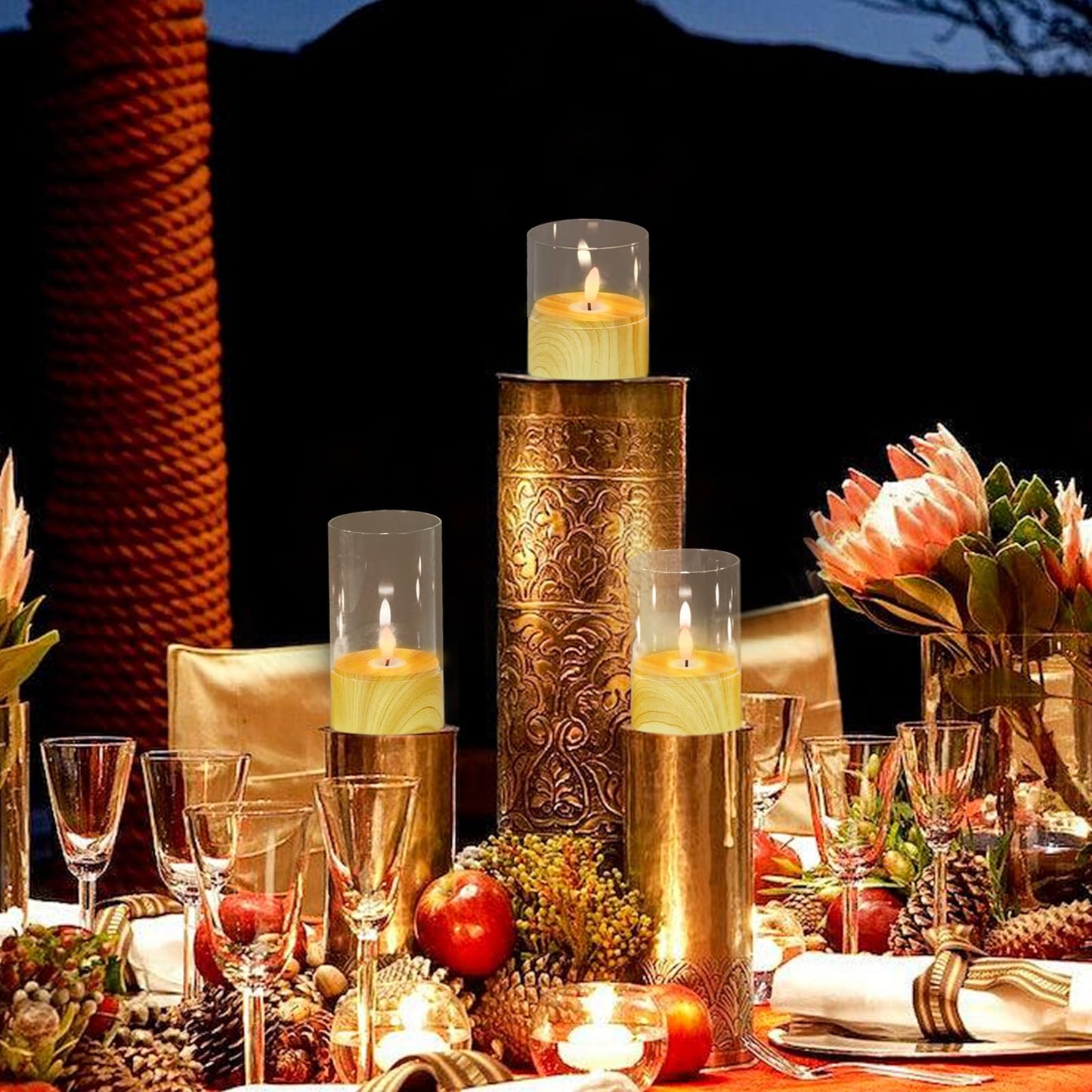 KunSwenn Battery Operated Candles with 6H Timer, 3 Pack Glass LED Flikcering Flameless Candles, Clear Pillar Candles with 3D Flame for Spring Wedding Home Bedroom Decor(Set of 3)