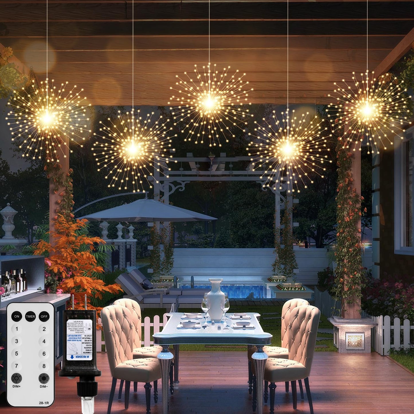 DoonDar 5 Pack Firework String Lights Christmas Light, 200 LED 8 Modes Hanging Starburst Lights for PartyGarden Decoration (Warm White)