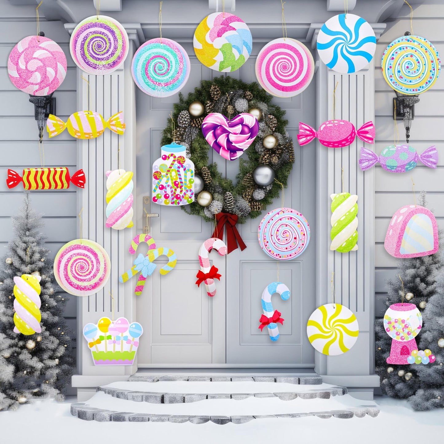 Chunful 25 Pcs Large Pastel Christmas Candy Cane Ornaments Christmas Tree Hanging Decorations Double-Sided Candy Peppermint Lollipop Marshmallow Ornaments for Tree Home Indoor Porch Wall Ceiling