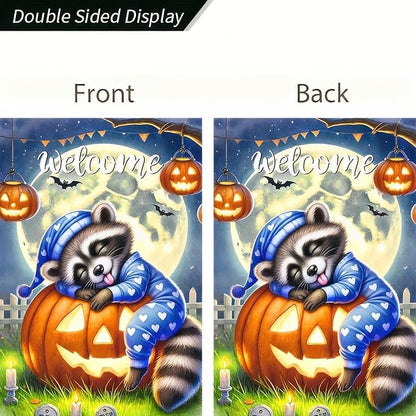 Halloween Raccoon Jack O Lantern Garden Flag Double Sided, Halloween Holiday Decorative Yard Outdoor Home Small Decor, Fall Autumn Outside House Decoration 12 x 18 inch