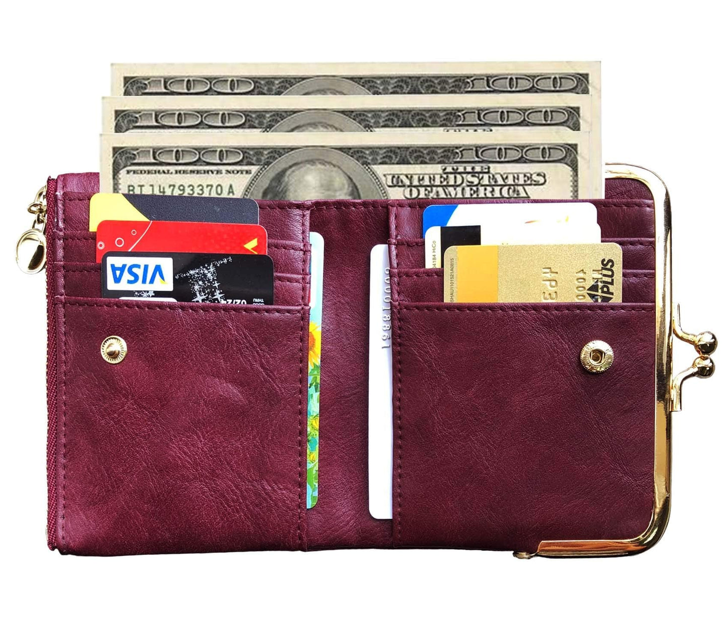Plinvo Small Bifold Genuine Leather Wallet for Women Vintage Mini Coin Purse with Zipper and Kiss Lock (Grey1)