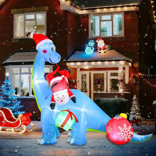 10FT Christmas Inflatable Outdoor Decorations, Inflatable Dinosaur and Santa Claus Built-in LED Lights Blow Up Yard Decorations for Holiday Indoor Outdoor Party Garden Lawn