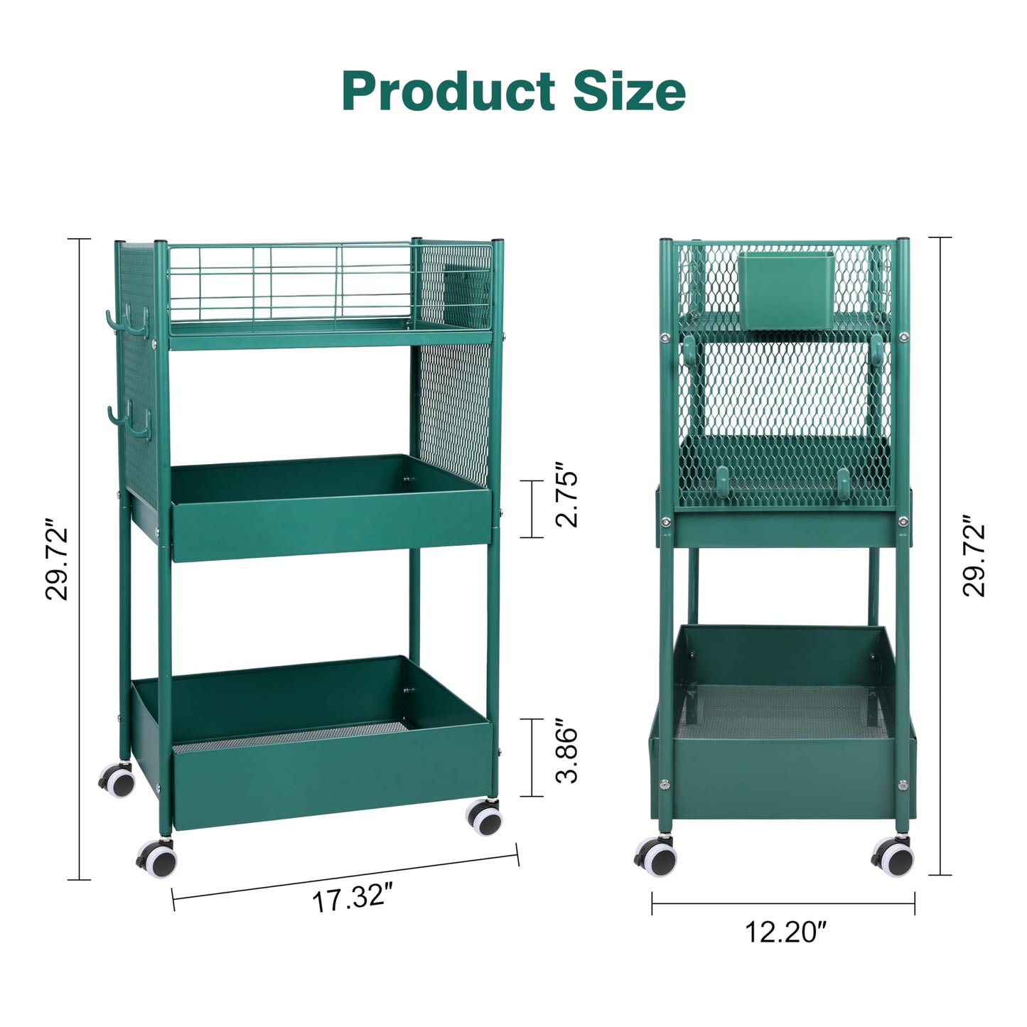 3-Tier Rolling Storage Cart Metal Utility Cart with Wheels, Office Organizer with Hanging Cups, Hooks, Book Snack Craft Mobile Shelving Unit for Office Kitchen Nursery