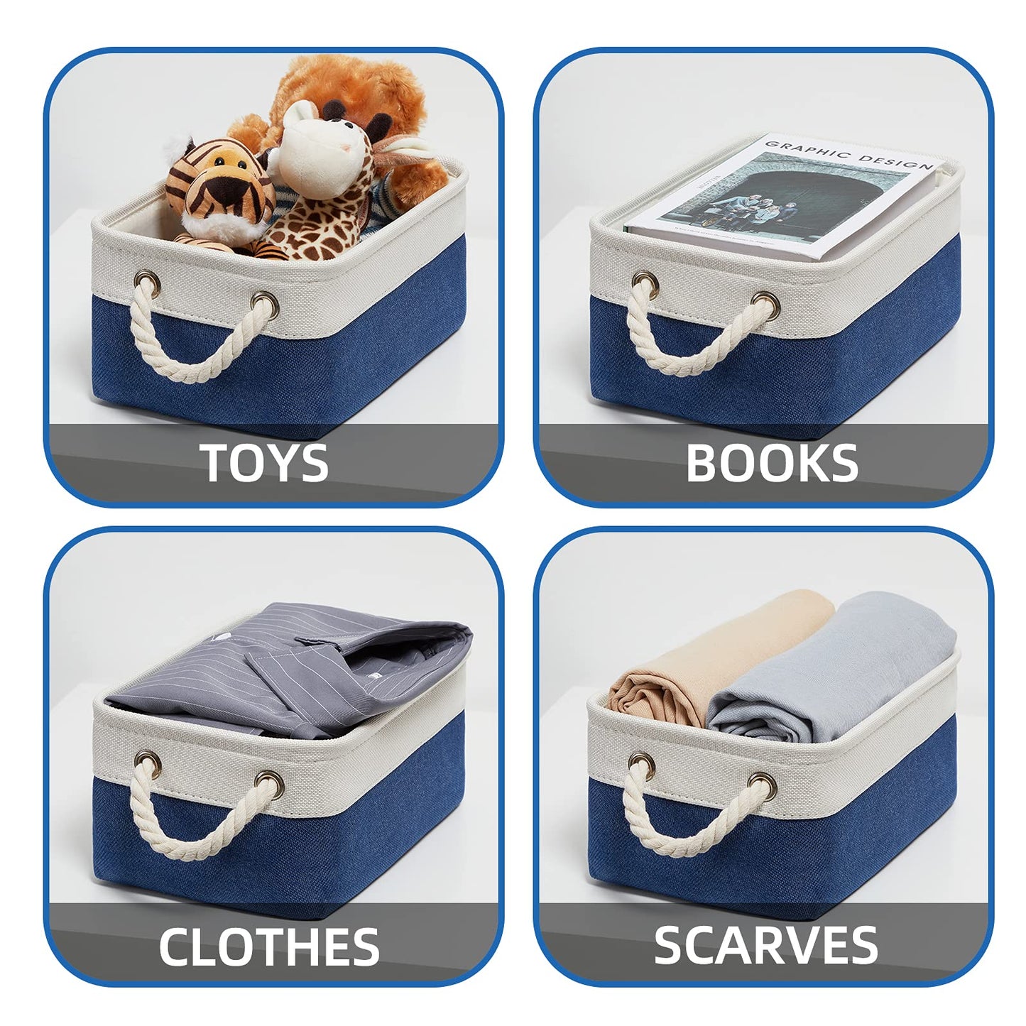Temary Small Storage Baskets for Shelves, 6 Pcs Empty Gift Baskets for Organizing Clothes, Books, Fabric Storage Bins with Rope Handles (White&Blue,11.8 L x 7.9 W x 5.3 H inches)