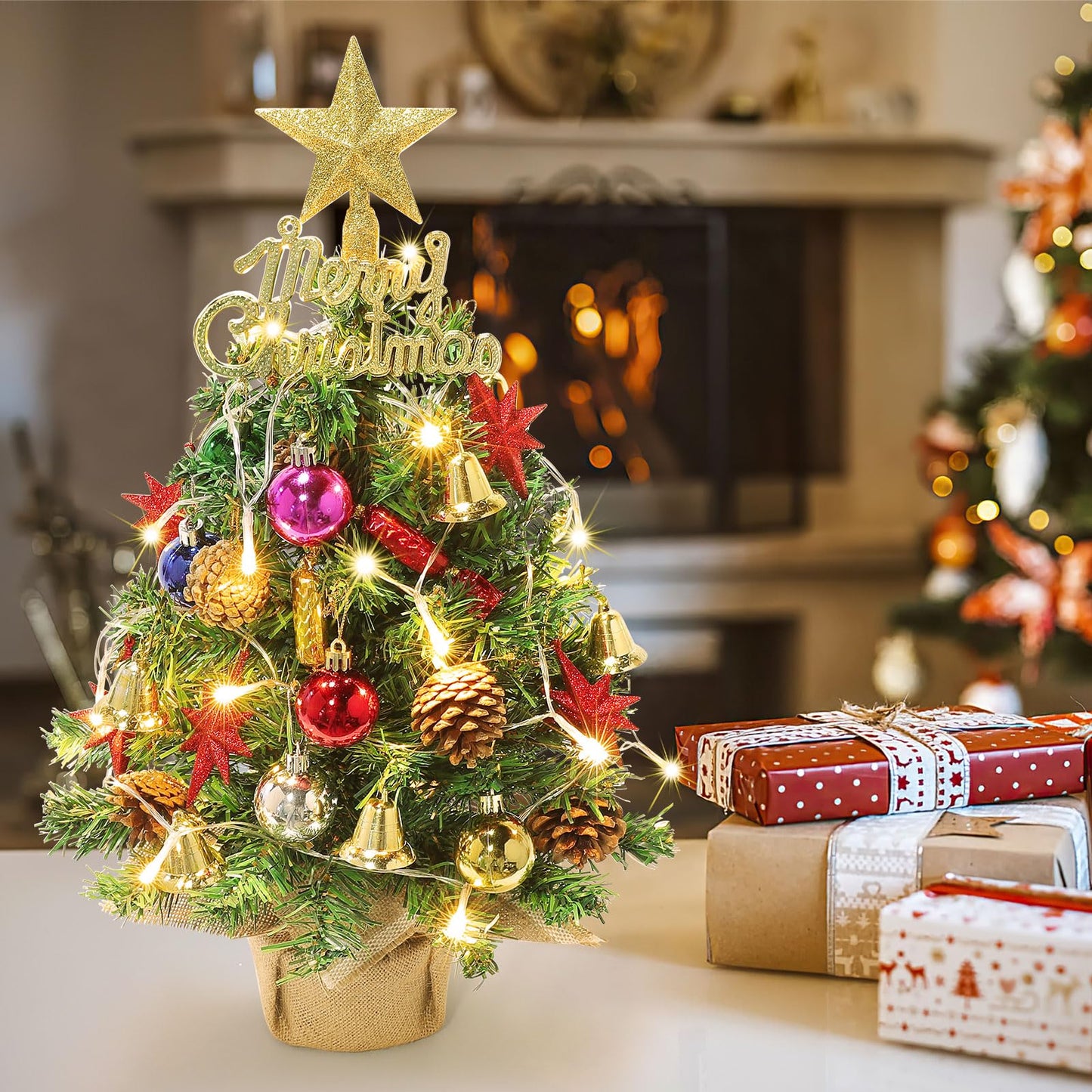 Tabletop Christmas Tree 21.65 Inch Mini Artificial Christmas Tree with 20 LED String Lights, Star Tree, Pine Cones Ornaments, Small Xmas Tree for Holiday Indoor DIY Christmas Decor
