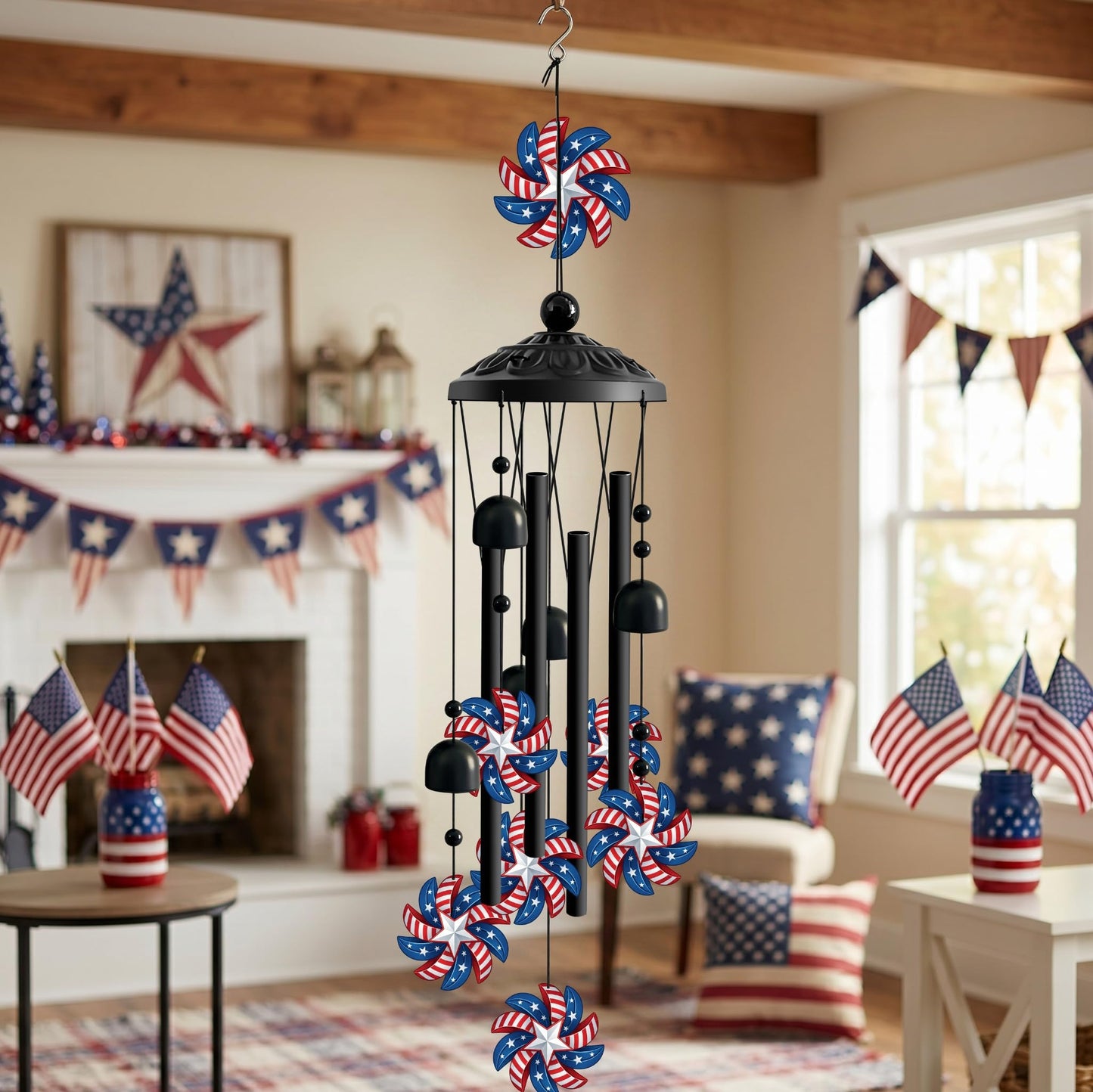 Patriotic Wind Chimes for Outside, Red White Blue American Flag Wind Chime with Stars and Bells, Outdoor Wind Chimes for Garden Decor, Porch Patio Yard Balcony Home Decor