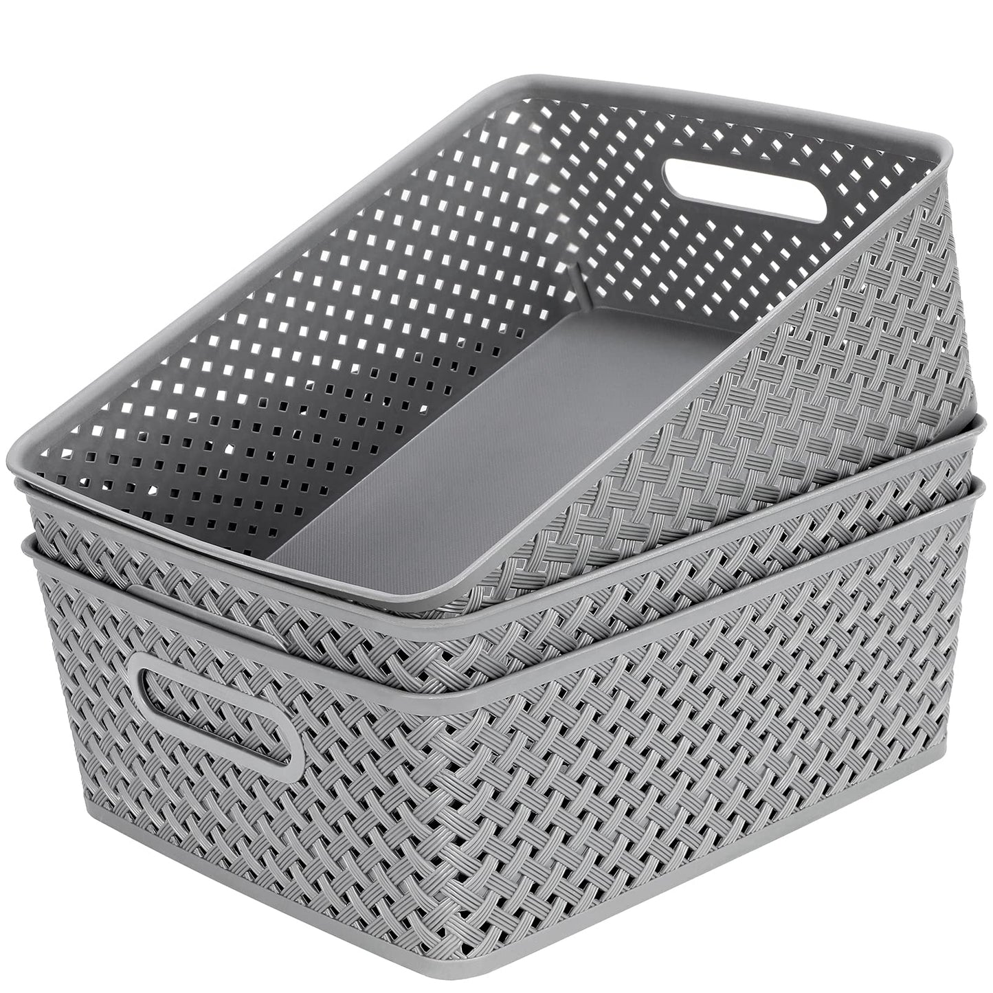 MaxGear 3 Pack Plastic Storage Baskets, Large, Grey