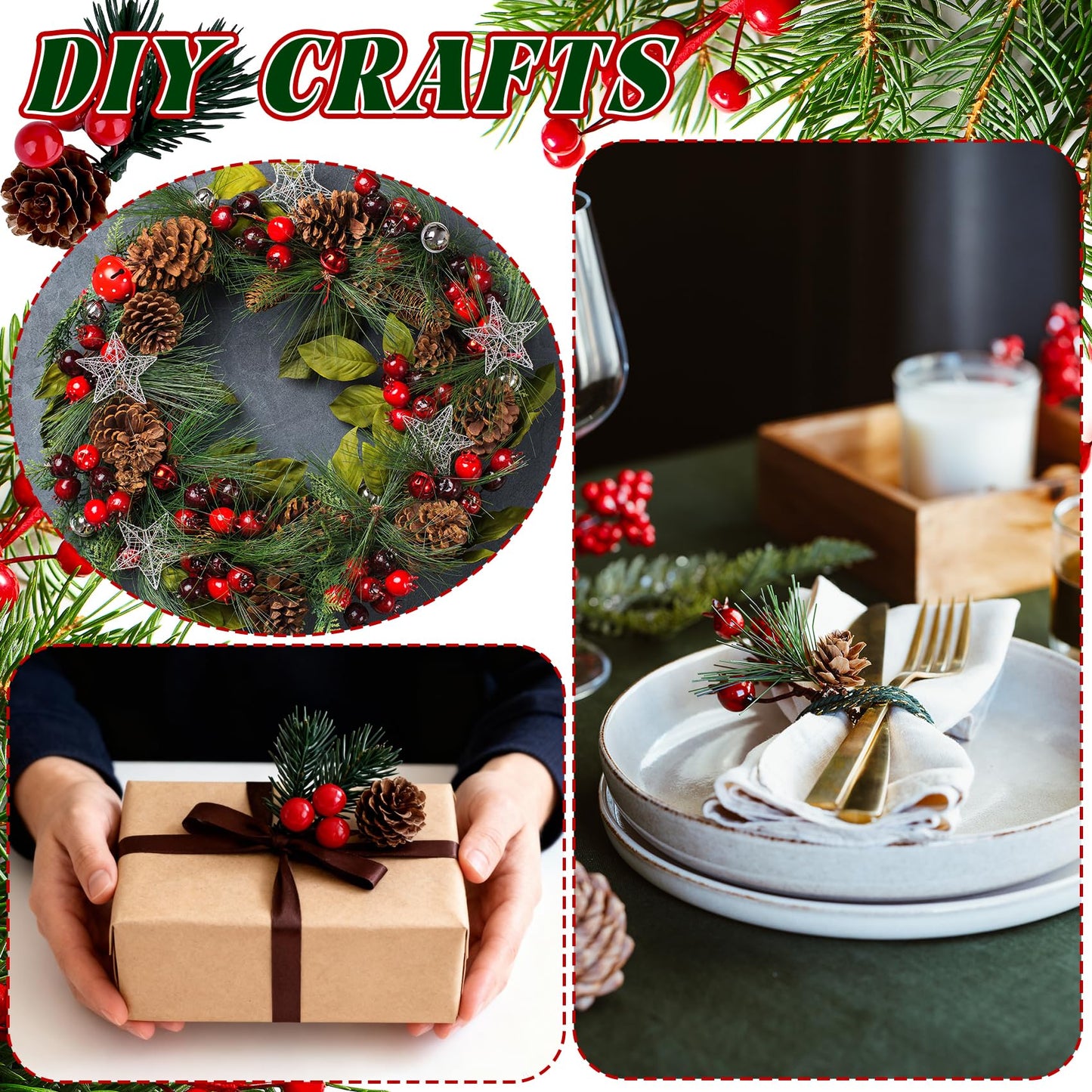 Prdingfy 10 PCS Christmas Snow Covered Pine Needles Branches with Red Berries, Christmas Floral Pick Mini Pinecone Picks for Holiday Wreath,Tree Ornaments