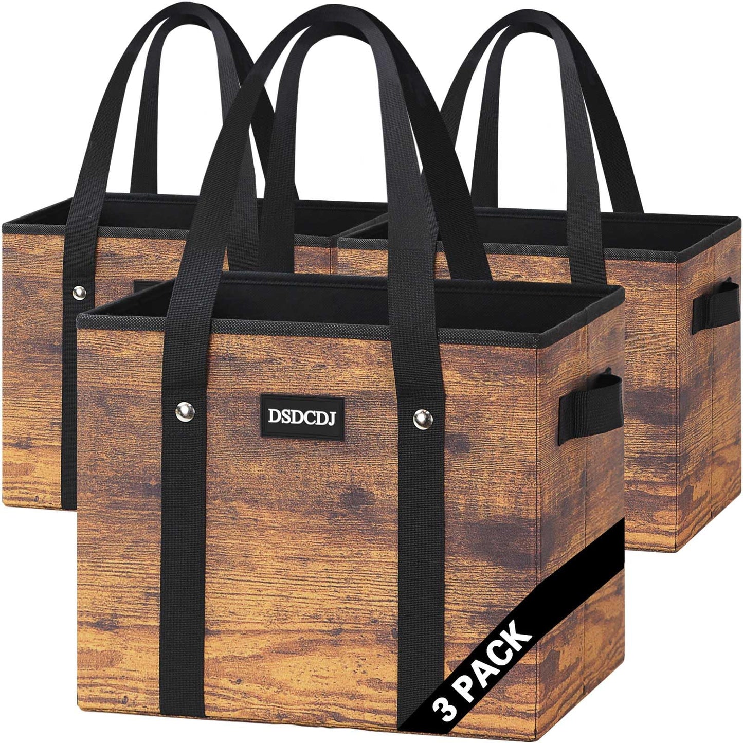 DSDCDJ Reusable Grocery Bags - Heavy Duty Reusable Shopping Bags with Hard Bottom & Long Handles, Foldable Large Utility Tote Bag with Box Shape to Stand Up - for Kitchen, Picnic, 3 Pack, Rustic Brown