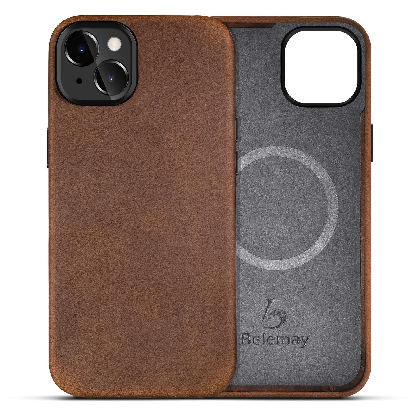 Belemay Compatible with iPhone 14 Leather Case Magsafe - Top Grain Vintage Crazy Horse Leather - Metal Buttons & Camera Bezel Bump - Slim Fit & Soft Feel - Premium Phone Cover (6.1-inch) Retro Brown