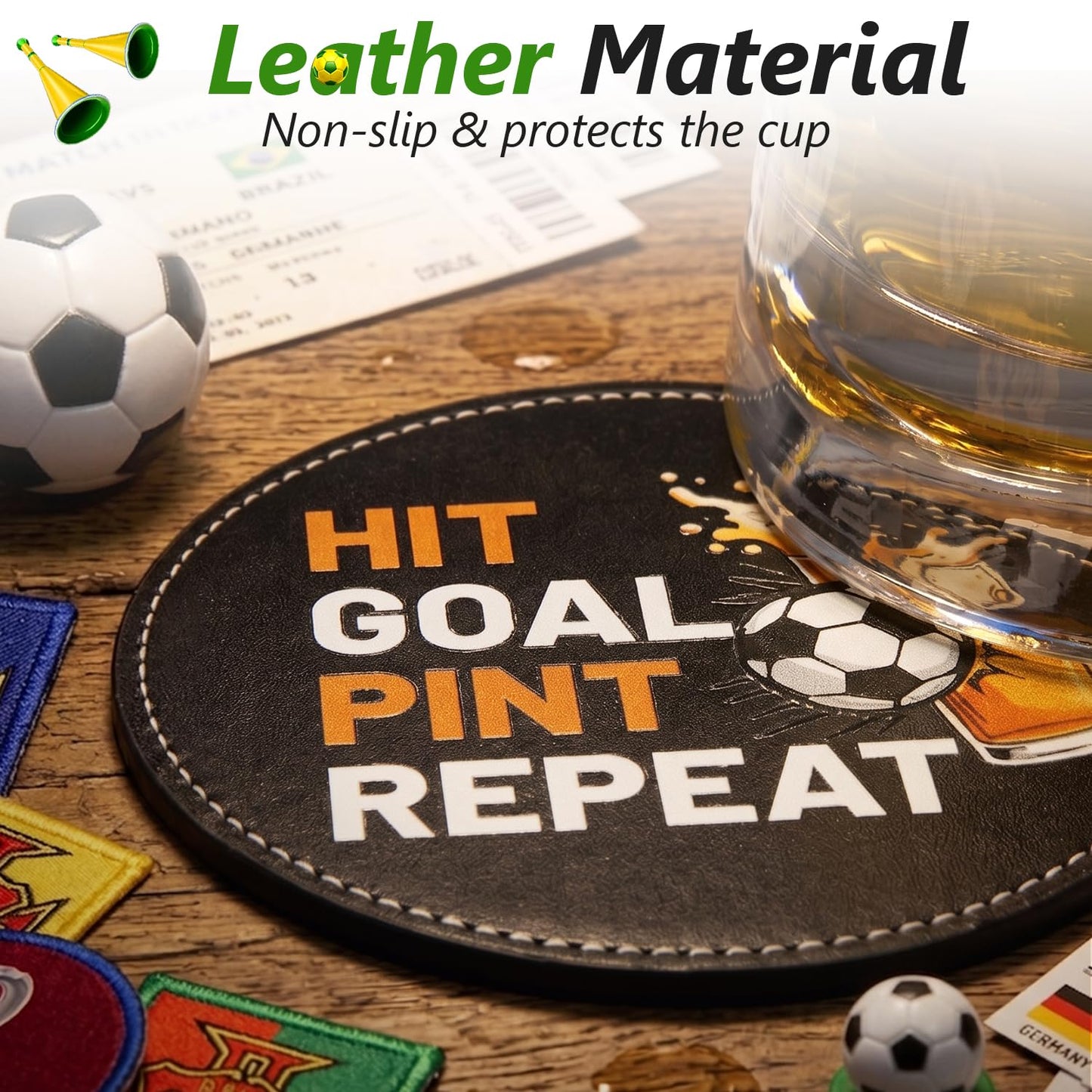 BEADJONE 6 Pack Soccer Coasters for Drinks Set, 3.9" Leather Football Coasters with Holder, Waterproof Tabletop Protection for Home Bar Watch Parties & Game Day Decor, Sports Fans Gifts