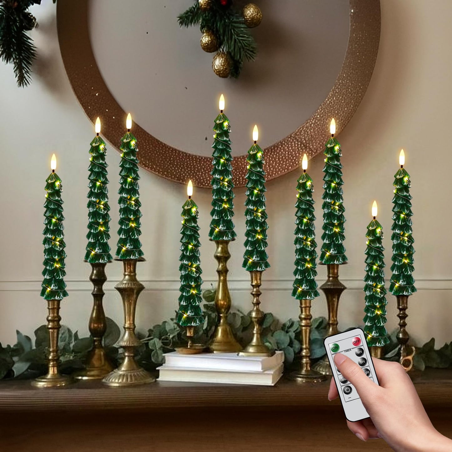 KunSwenn Christmas Tree Candles with Remote, Snowy Waxy Christmas Tree Flameless Taper Candles Battery Operated with String Lights, Set of 4 LED Tree Candlesticks for Xmas Winter Décor