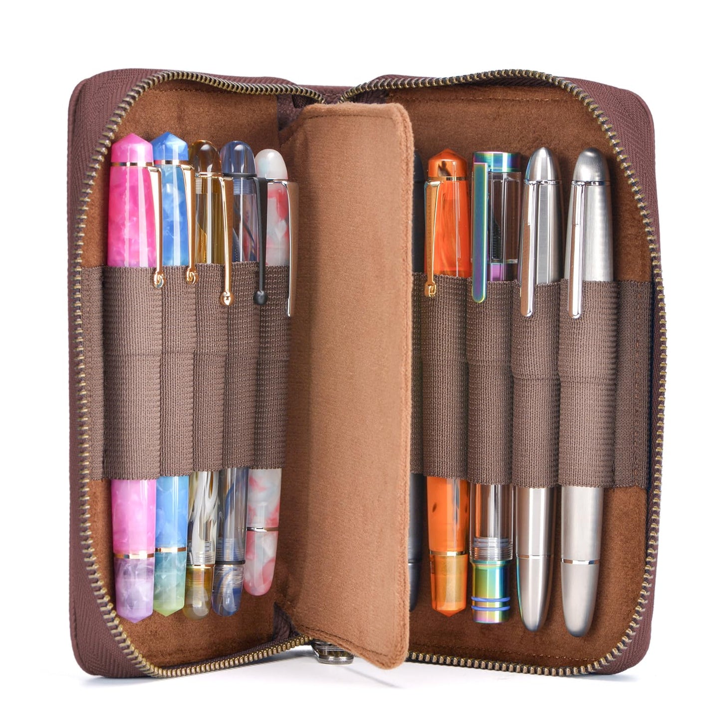 Asvine Fountain Pen Case Genuine Leather Pen Case 10 Divided Slots Coffee, Rollerball Pen Holder Handmade Display Organizer Zippered Pouch