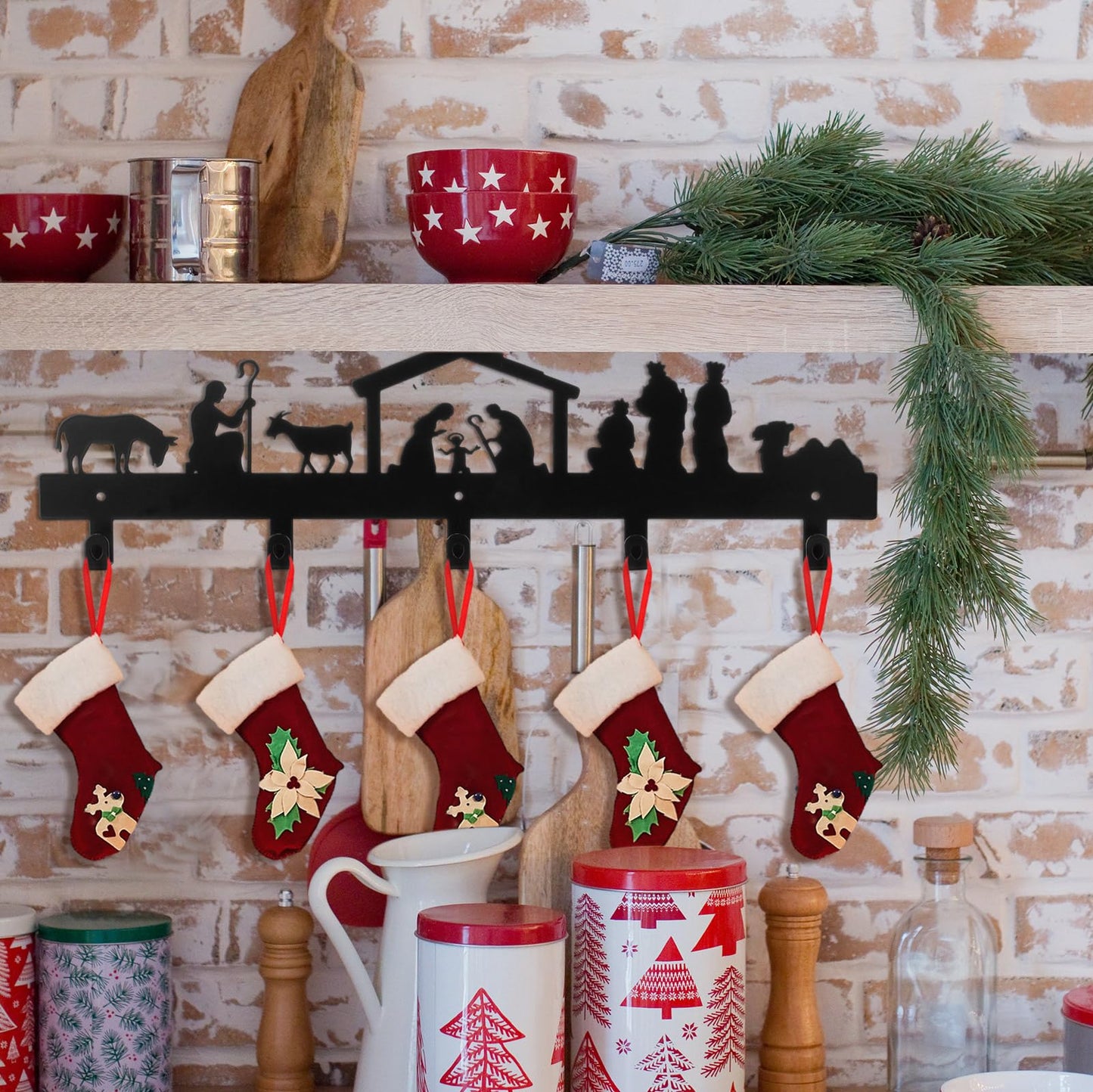 Blulu 1 Pcs Christmas Stocking Wall Rack with Hangers Holder Stand Metal Stocking Hangers Mantel Wall Mount Hook Holder for Mantle Entryway Holiday, Black (Nativity)