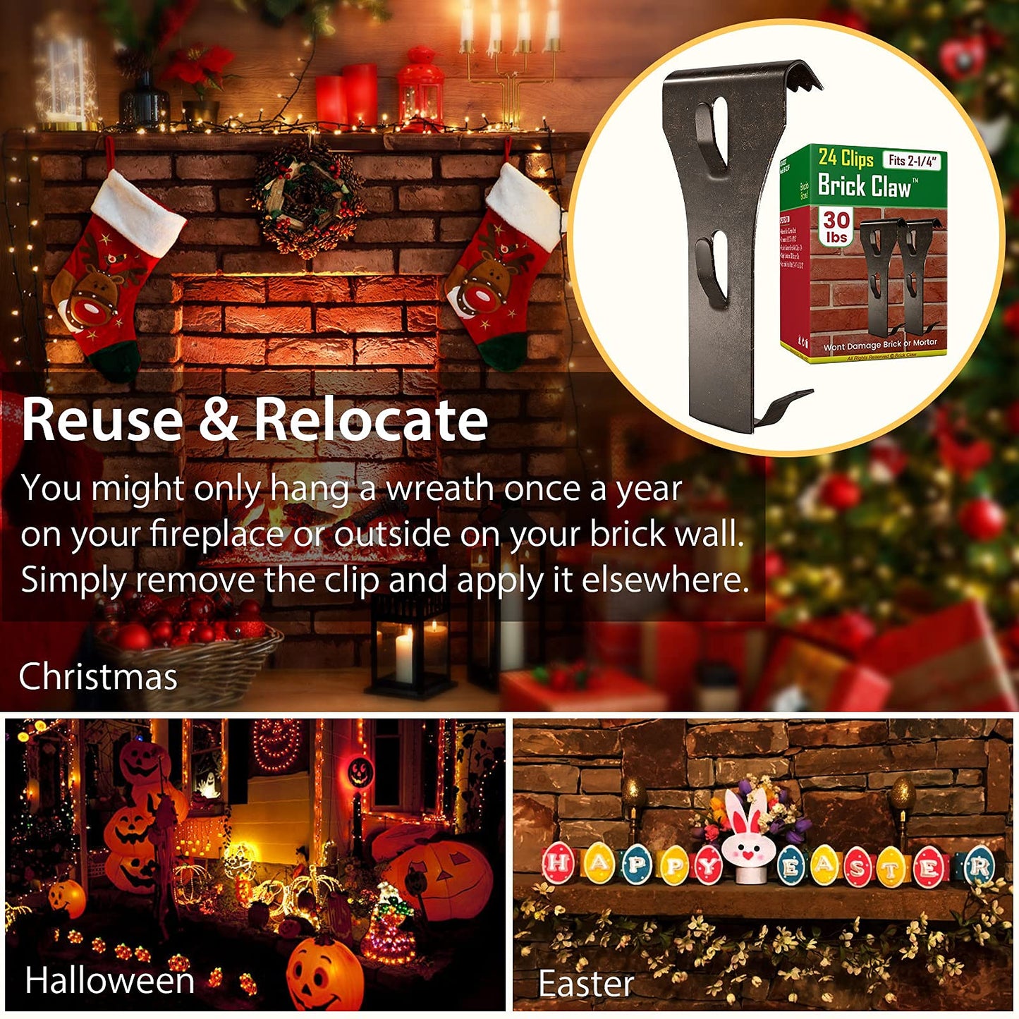 Brick Hook Clips for Hanging Outdoors, Brick Hangers for Brick Wall Hanging No Drill and Nails, Heavy Duty Brick Siding Clips Wall Hangers Fits Standard Brick 2-1/4" to 2-3/8" in Height (24, Standard)