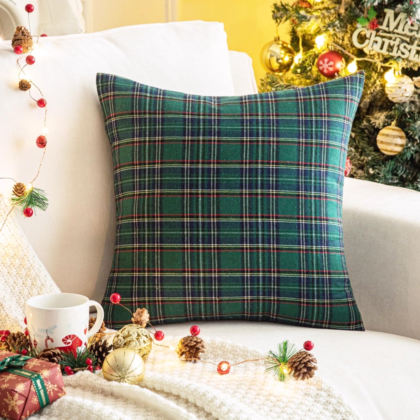 AQOTHES Pack of 2 Christmas Plaid Decorative Throw Pillow Covers Scottish Tartan Cushion Case for Farmhouse Home Holiday Decor Green and Blue, 22 x 22 Inches