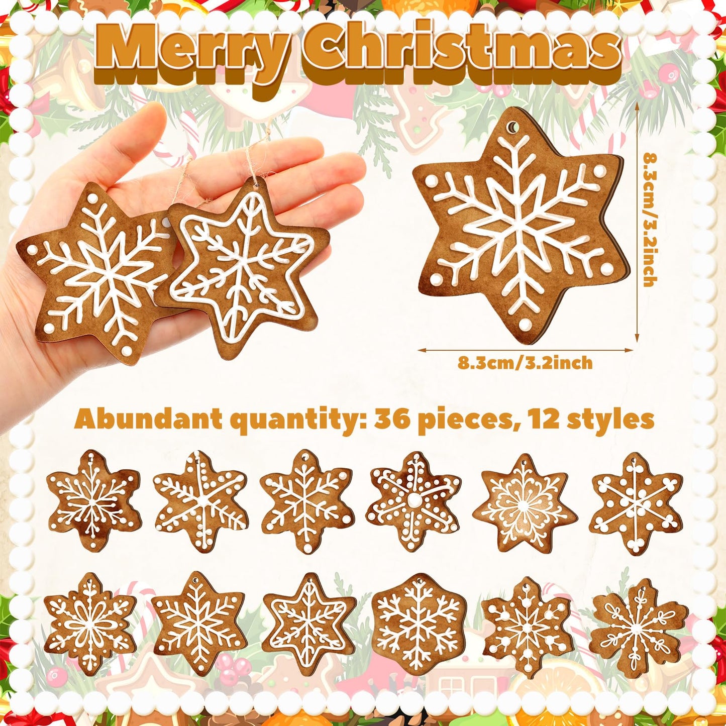 Quzzil 36 Pcs Christmas Gingerbread Ornaments for Tree Mini Snowflake Wooden Hanging Winter Xmas Ornaments with Ropes for Christmas Party Holiday Winter Crafts