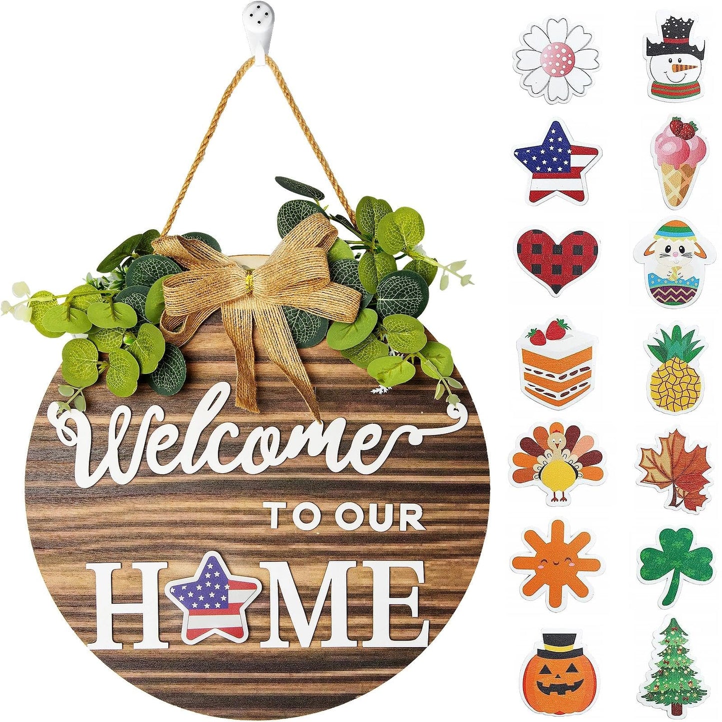 Welcome Sign For Front Door 3D Decor Interchangeable Seasonal Rustic Round Wooden Wreaths Wall Hanging Plaque Outdoor Farmhouse Porch for Spring Summer Fall All Seasons Holiday Halloween Christmas