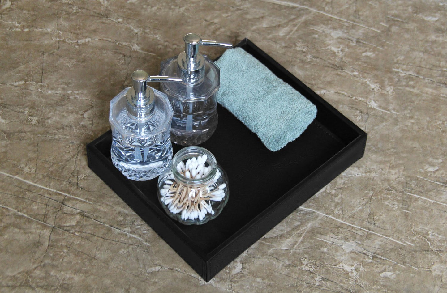 HofferRuffer Faux Leather Vanity Tray, Elegant Desktop Storage Organizer, Decorative Catchall for Perfume, Bathroom Valet, Nightstand or Dresser, Black, 10.2 x 8.4 x 1.8 Inches