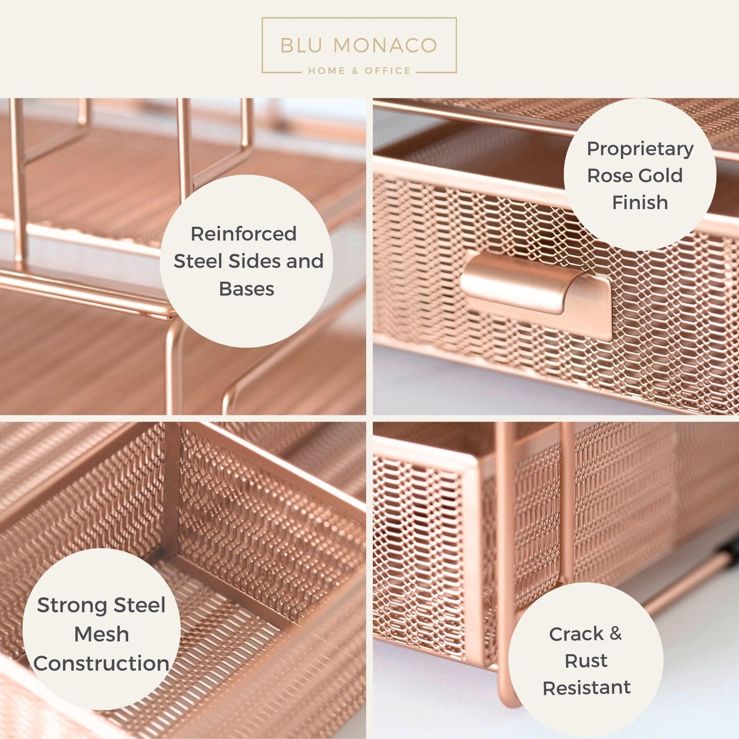 BLU MONACO | Rose Gold Desk Organizer with Drawer | Metal Desk Organizer with File Sorters and Storage Compartments | Office Desk Organizer for Paper Folders and Supplies