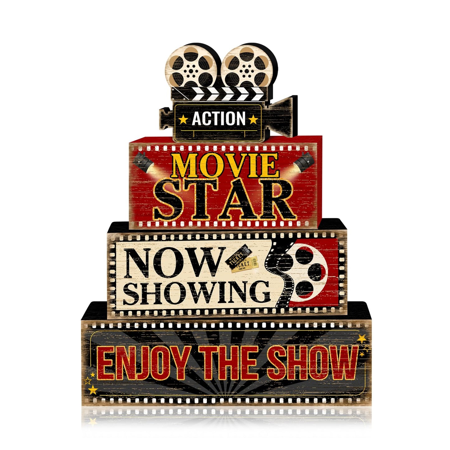Britimes 4 Pcs Movie Night Table Decor Christmas Tiered Tray Decorations Set Movie Star Stack Block Signs Gift Rustic Farmhouse Tabletop Decor for Table & Home Office