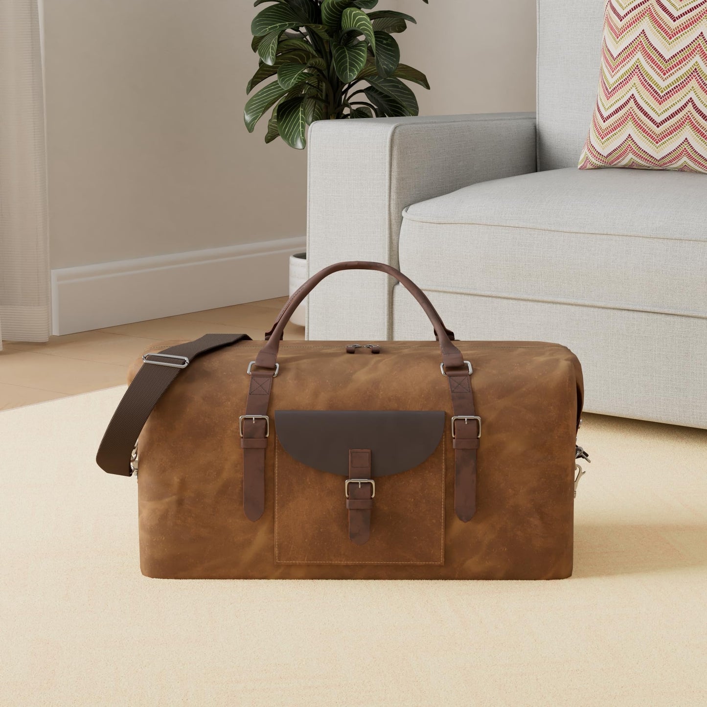 NEWHEY 55L Travel Duffel Bag, Waterproof Waxed Canvas & Leather Weekender Bag for Men, Large Carry-on Overnight Bag for 4-5 Day Business Trips & Weekend Getaways, Brown