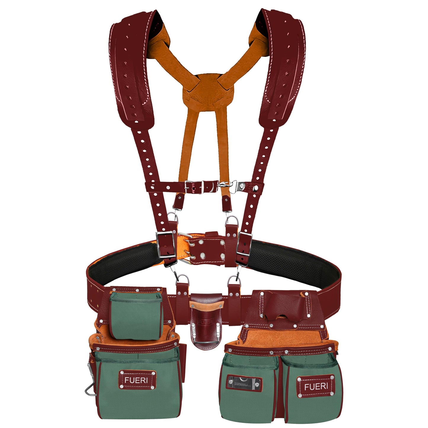 FUERI Electrician's Heavy Duty Tool Belt with Suspender, Made of Thick Leather and Durable Nylon, Comes with Adjustable Padded Tool Belt, Storage Capacity Tool Pouches, Hammer Holder, And Loops.