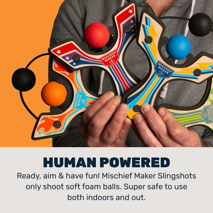 Mighty Fun! - Mischief Maker® Wooden Slingshot - Racing Series - Real Wood Slingshot for Kids, 4 Soft Foam Balls and Storage Bag - Ages 4+ (Orange)