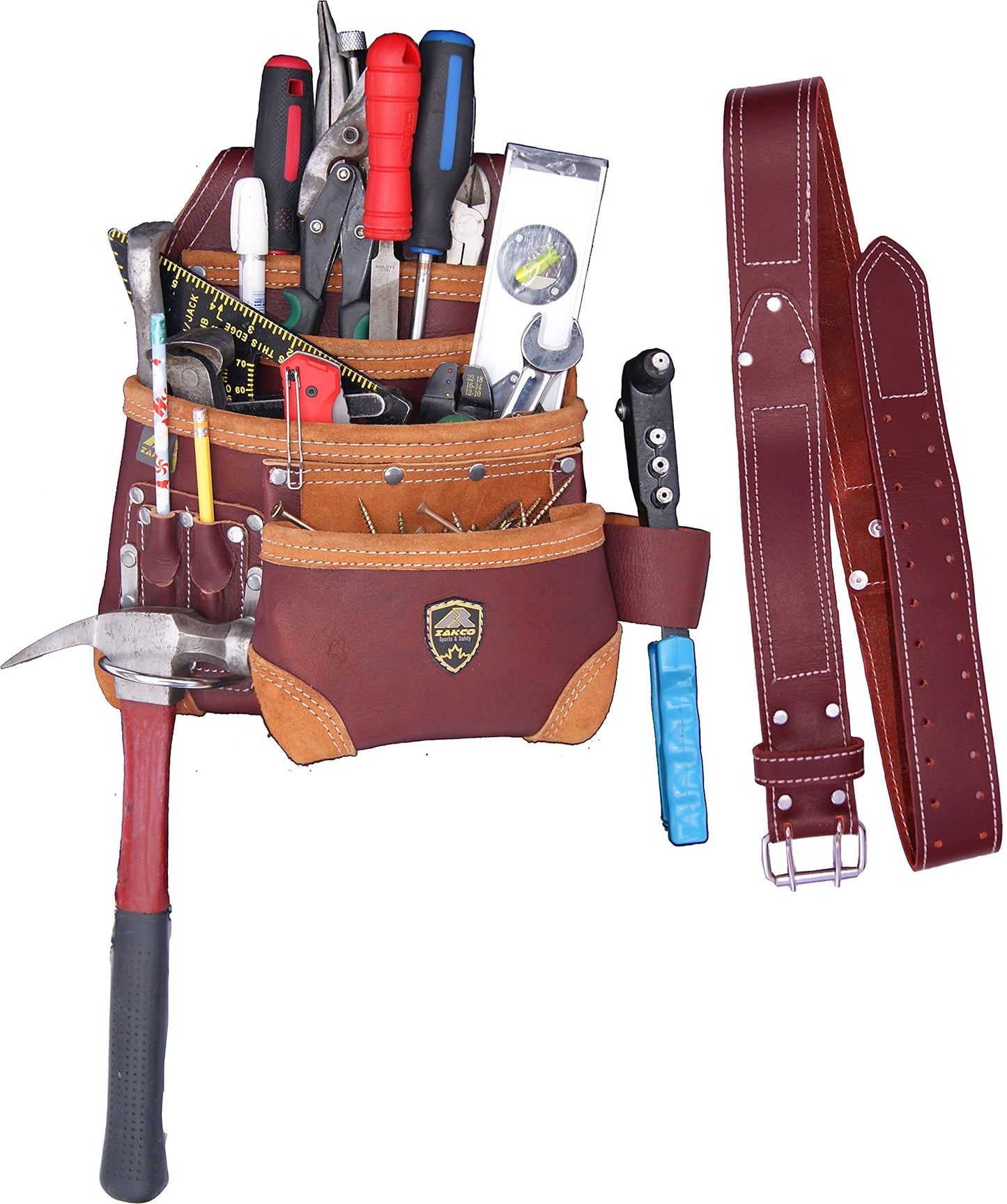 PRO-15 8 Pocket Carpenter's Nail & Leather Belt with Genuine Leather Tool Pouch (MAROON)