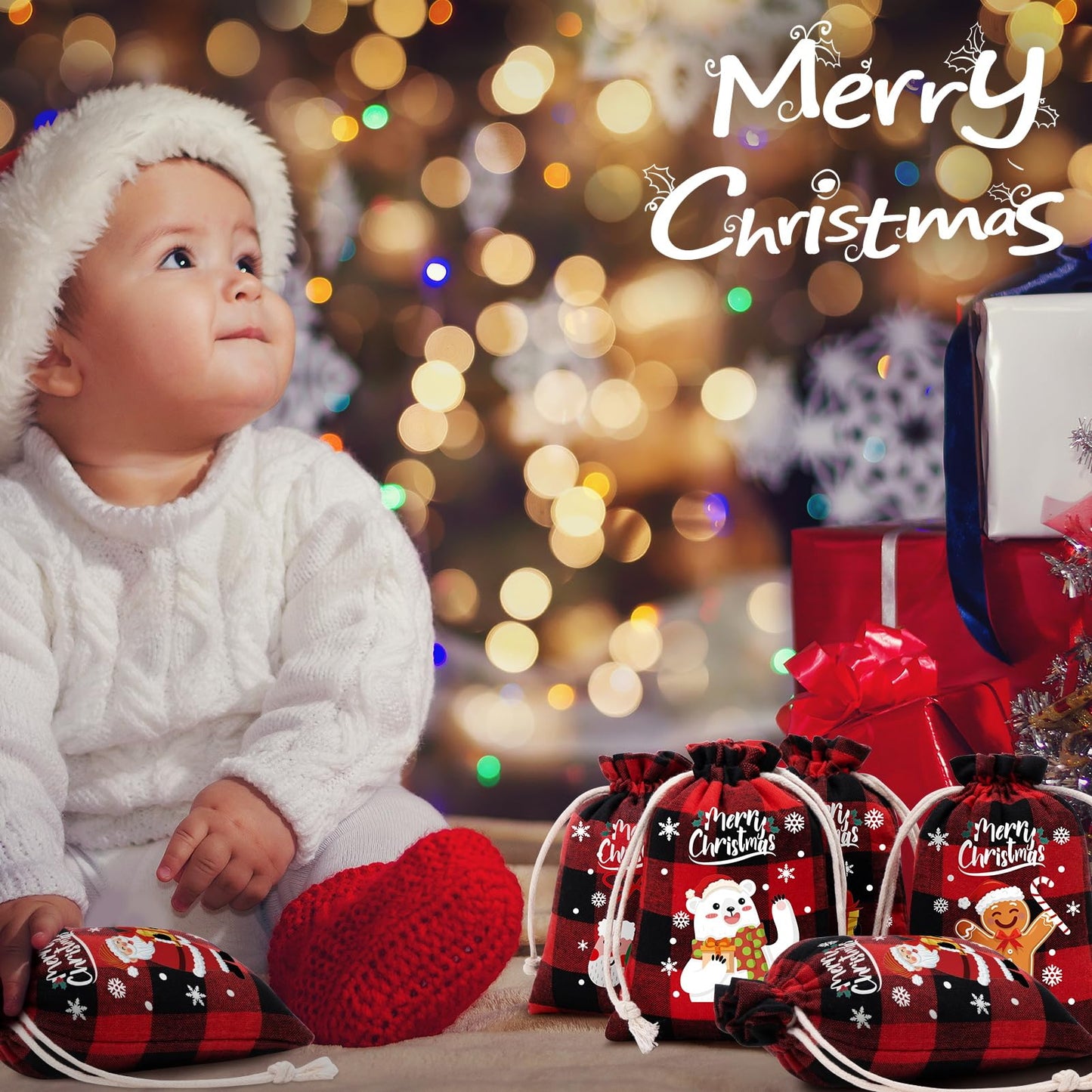 FLOE 36Pcs Burlap Christmas Drawstring Bags Buffalo Plaid Xmas Gift Bags Burlap Xmas Candy Bag Small Christmas Linen Goody Gift Sacks Treat Sacks Reusable Gifts Wrapping Bag Holiday Party Favors