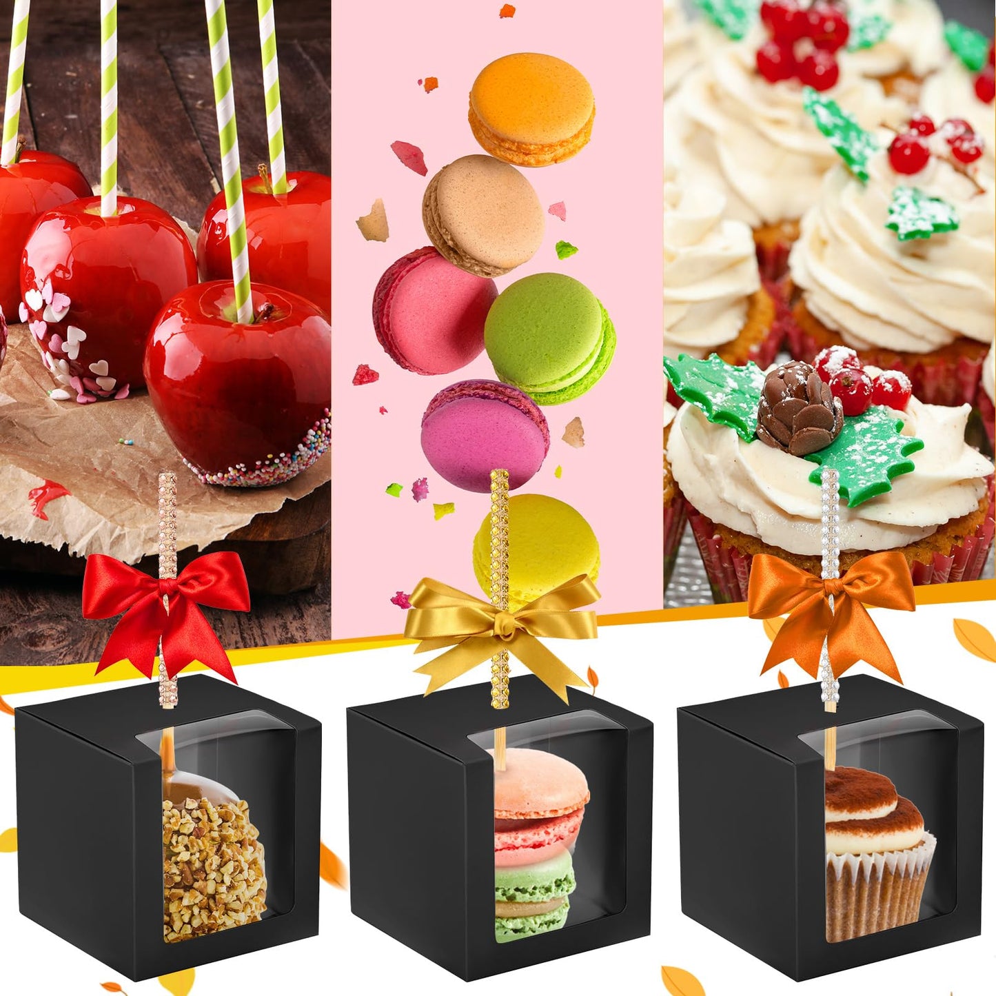Juexica 30 Pcs Candy Apple Boxes with Hole 4 x 4 x 4 Inch Caramel Apple Container Treat Gift Boxes for Wedding Birthday Party Chocolates Cookies Cake Pops (Black)